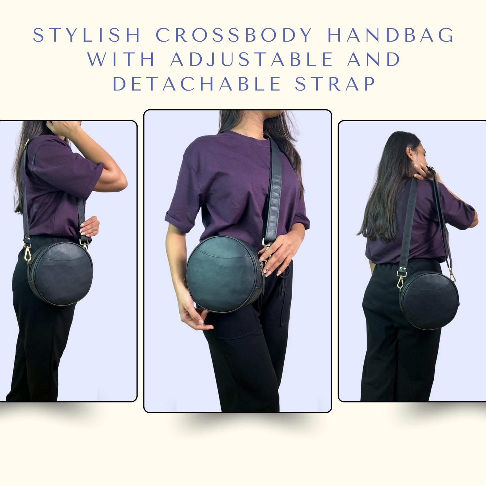 Madosh Stylish Round Crossbody Bag for Women – Small Circular Genuine Leather Purse with Adjustable Strap Black Side Shoulder Fashion Handbag